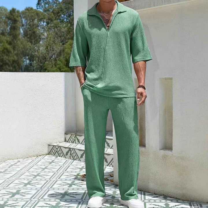Men's Relaxed Fit Zip Collar Shirt & Straight Pants Set – Breathable Fabric Green