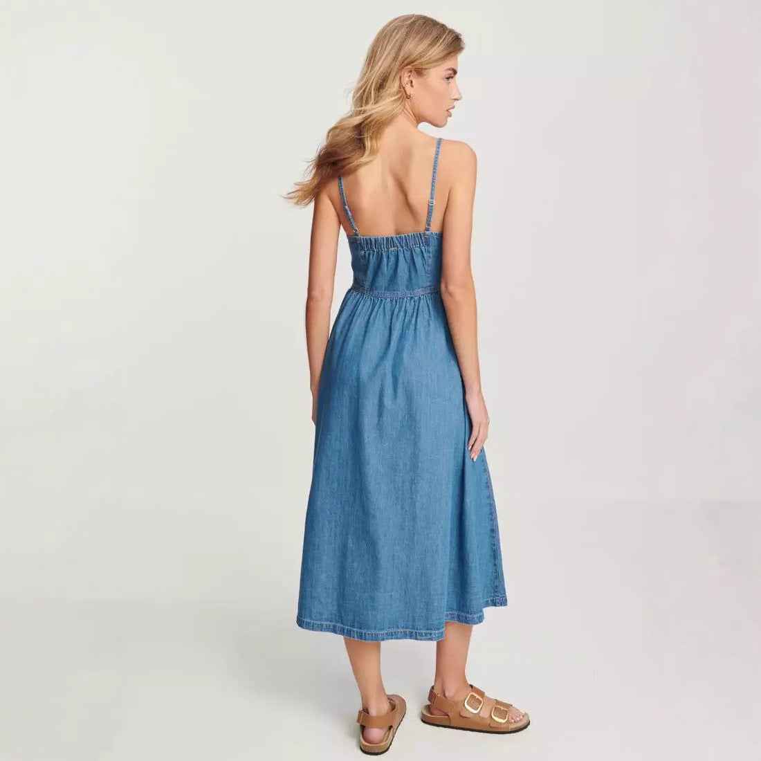 Women's A-Line Denim Midi Dress with Adjustable Straps and Elastic Back