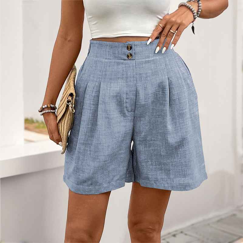 Women's High Waist Wide Leg Shorts - Airy Fabric Relaxed Fit with Pleats Light Blue