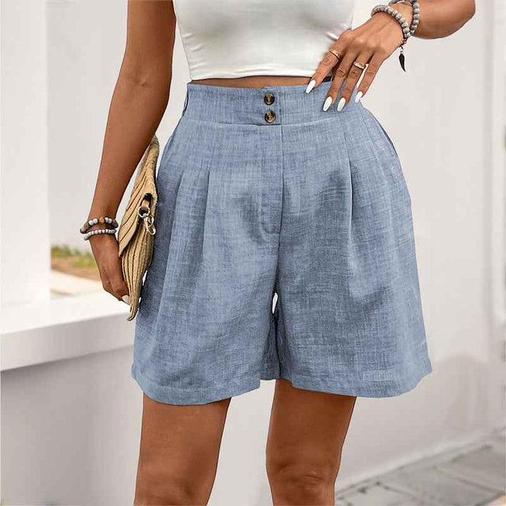 Women's High Waist Wide Leg Shorts - Airy Fabric Relaxed Fit with Pleats Light Blue