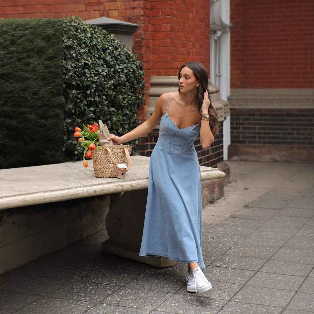 Women's Slim Fit Midi Dress - Denim Look with Spaghetti Straps & Sweetheart Neckline