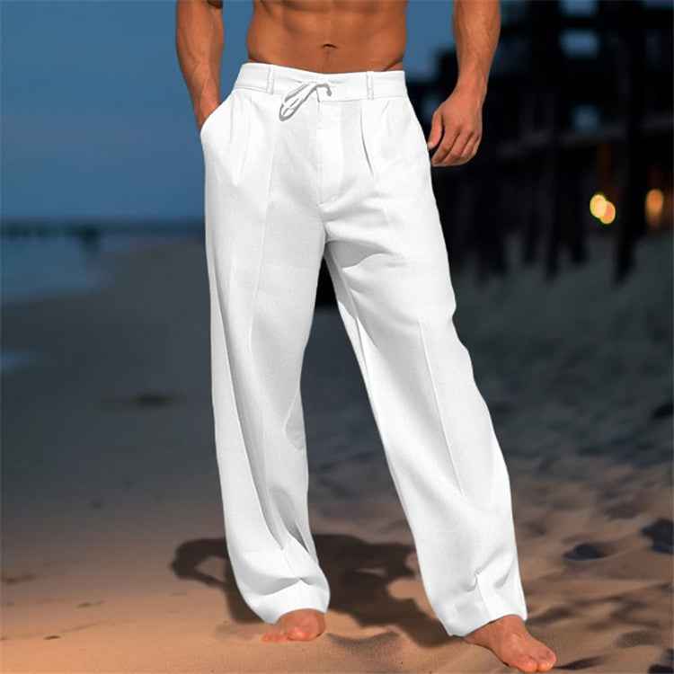 Men's Relaxed Fit Trousers with Drawstring Waist & Pleated Front White