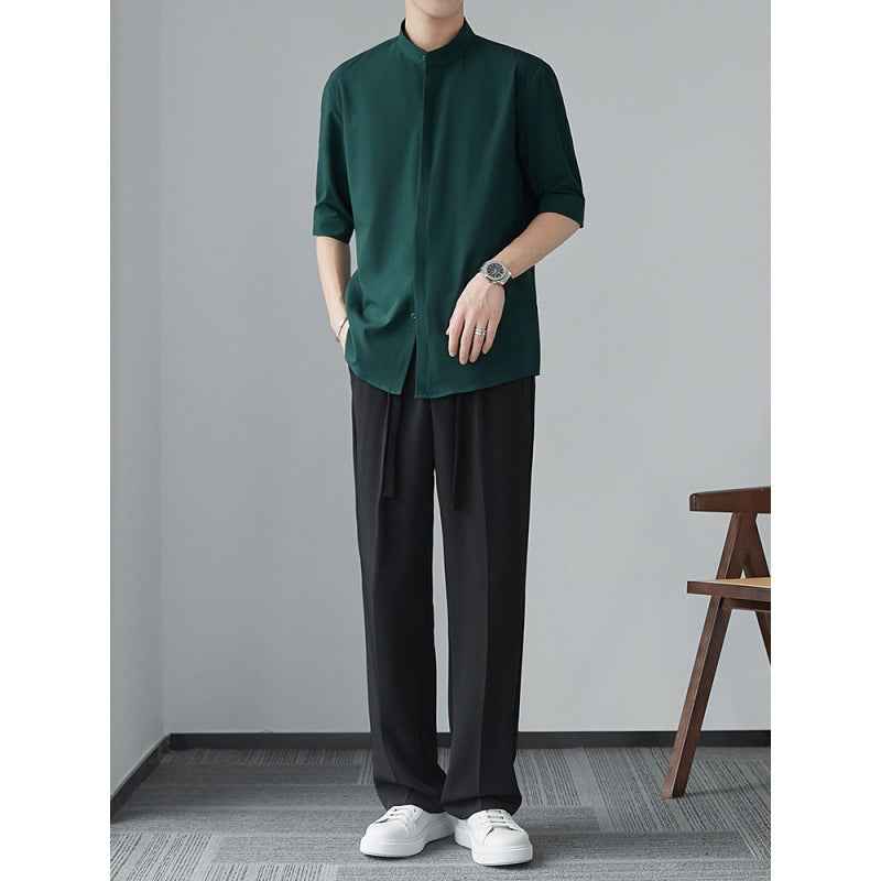 Men's Relaxed Fit Linen Look Shirt with Mao Collar and Concealed Button Closure