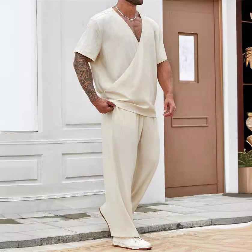 Men's Relaxed Fit V-Neck T-Shirt Set with Short Sleeves and Breathable Long Pants