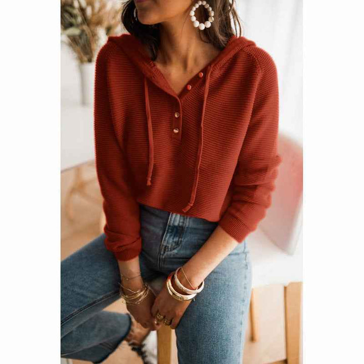 Women's Relaxed Fit Hoodie – Knitted Texture, Raglan Sleeves, Button Detail, Drawstring Hood Caramel
