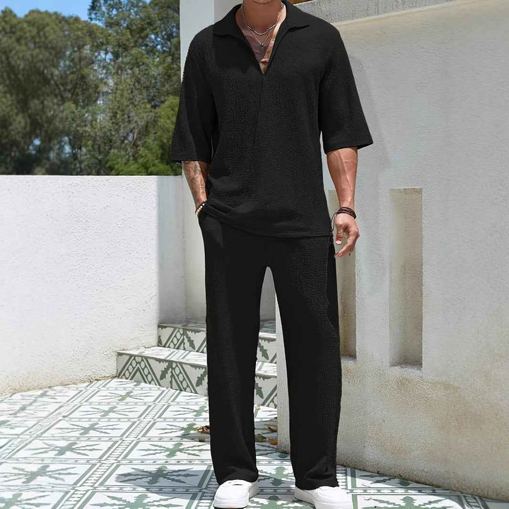 Men's Relaxed Fit Zip Collar Shirt & Straight Pants Set – Breathable Fabric Black