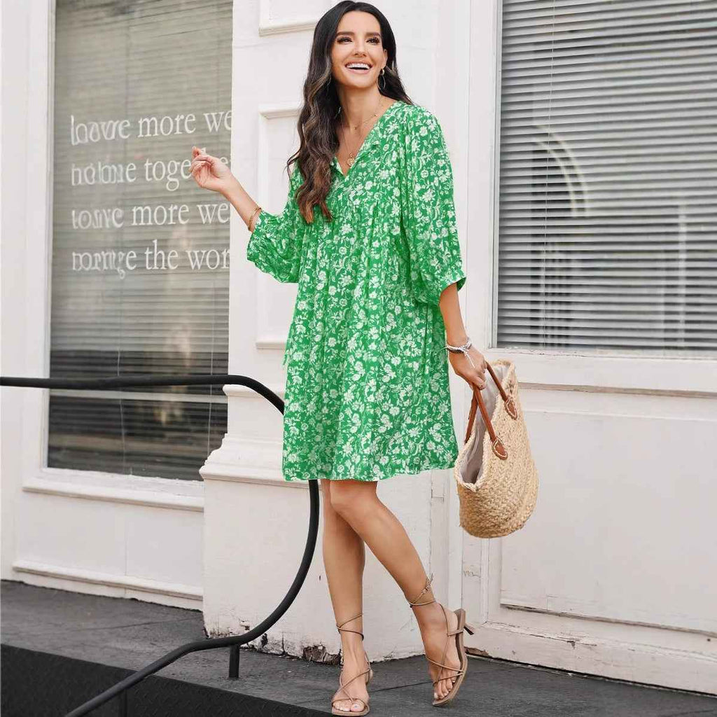 Women's Bohemian Floral Midi Dress – V-neck, Relaxed Fit, Lantern Sleeves