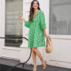 Women's Bohemian Floral Midi Dress – V-neck, Relaxed Fit, Lantern Sleeves