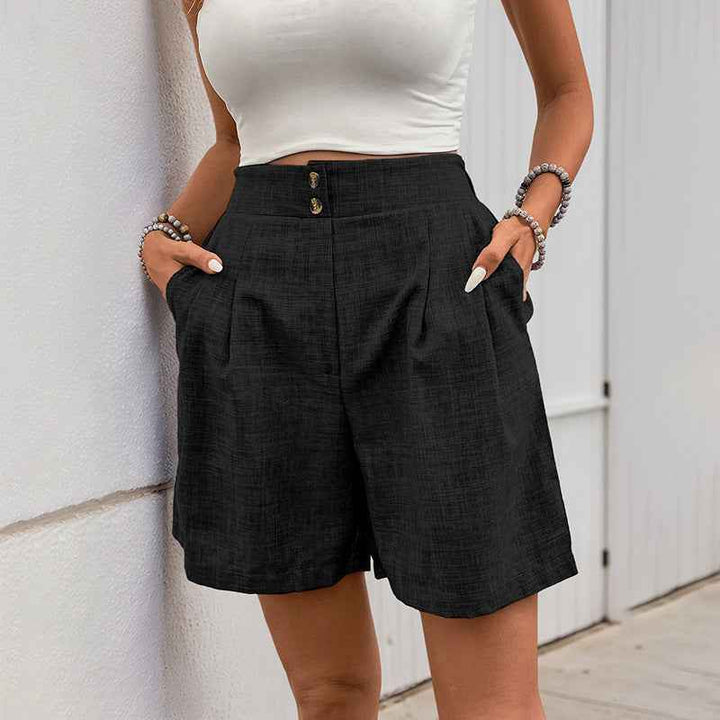 Women's High Waist Wide Leg Shorts - Airy Fabric Relaxed Fit with Pleats Black