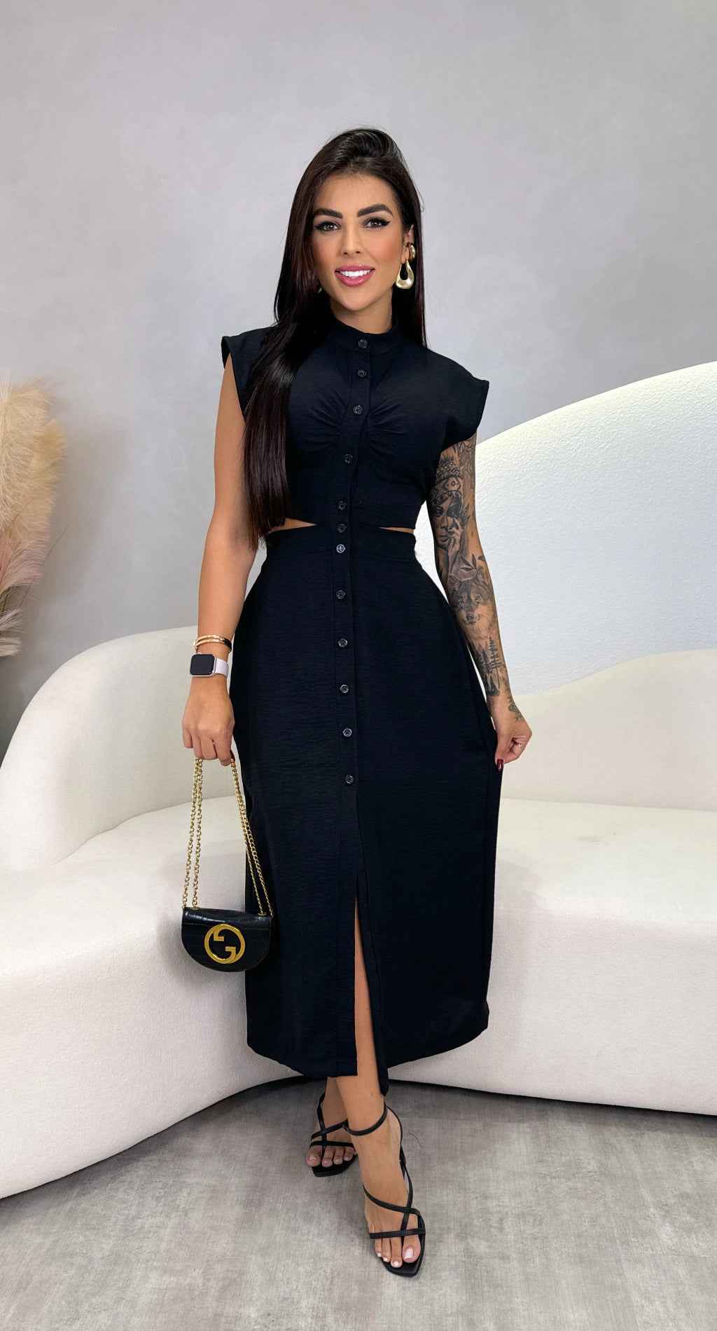 Women's Slim Fit Midi Dress – Sleeveless with Cut-Out Waist & Button Closure – Turtleneck Design Black