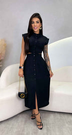 Women's Slim Fit Midi Dress – Sleeveless with Cut-Out Waist & Button Closure – Turtleneck Design Black