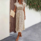 Women's V-Neck Midi Dress with Butterfly Sleeves and Ruffled Hem - Relaxed Fit