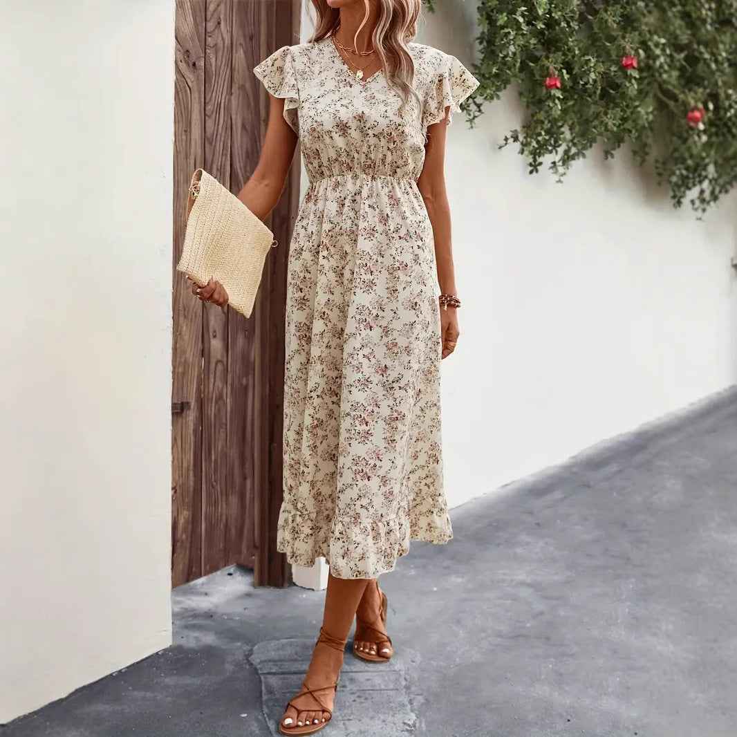 Women's V-Neck Midi Dress with Butterfly Sleeves and Ruffled Hem - Relaxed Fit
