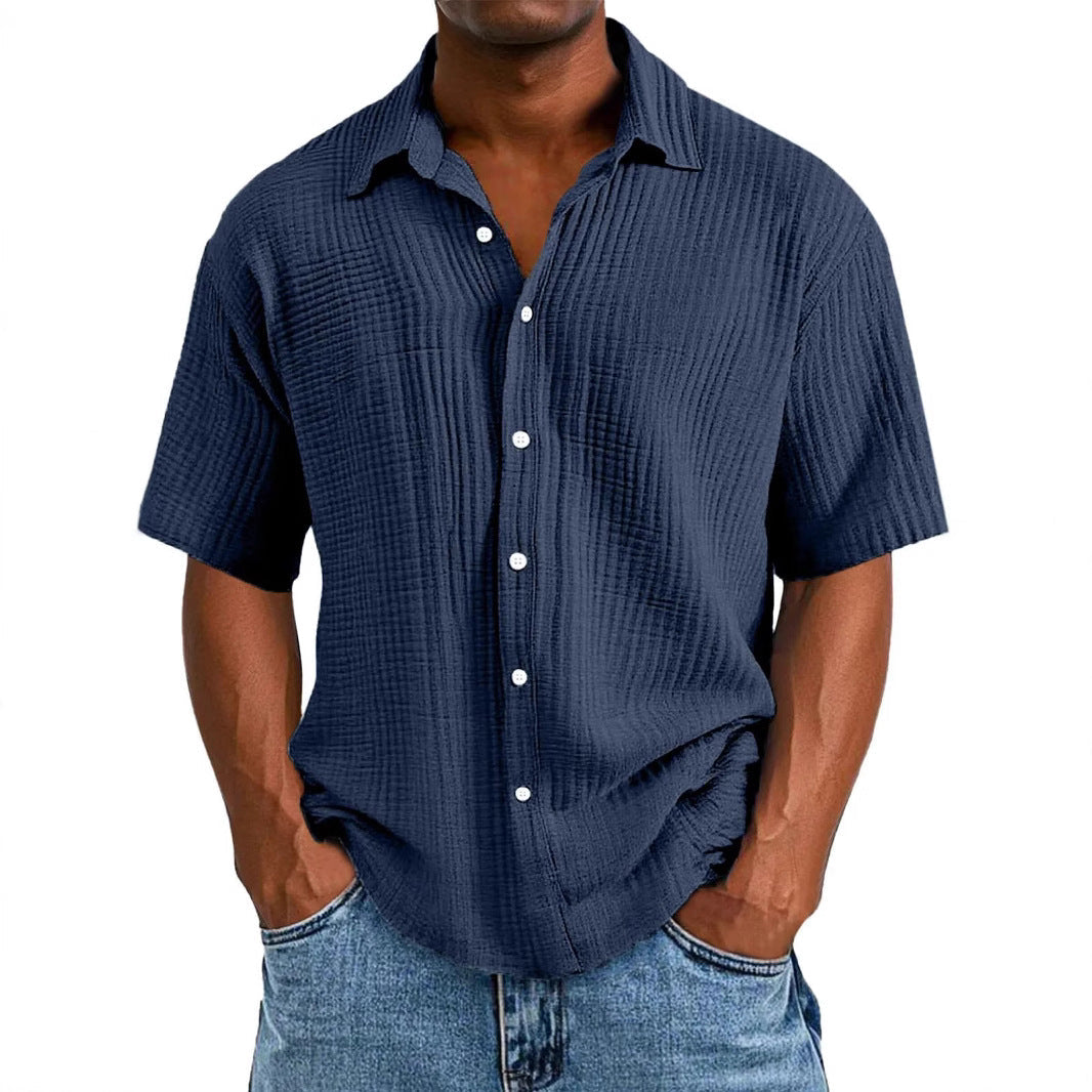 Men's Casual Short Sleeve Shirt – Relaxed Fit – Breathable Textured Fabric Navy