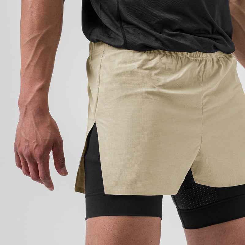 Men's Double Layer Sport Shorts – Compression Lining, Breathable & Quick-Drying Apricot
