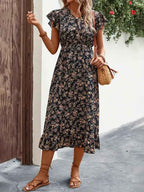 Women's V-Neck Midi Dress with Butterfly Sleeves and Ruffled Hem - Relaxed Fit