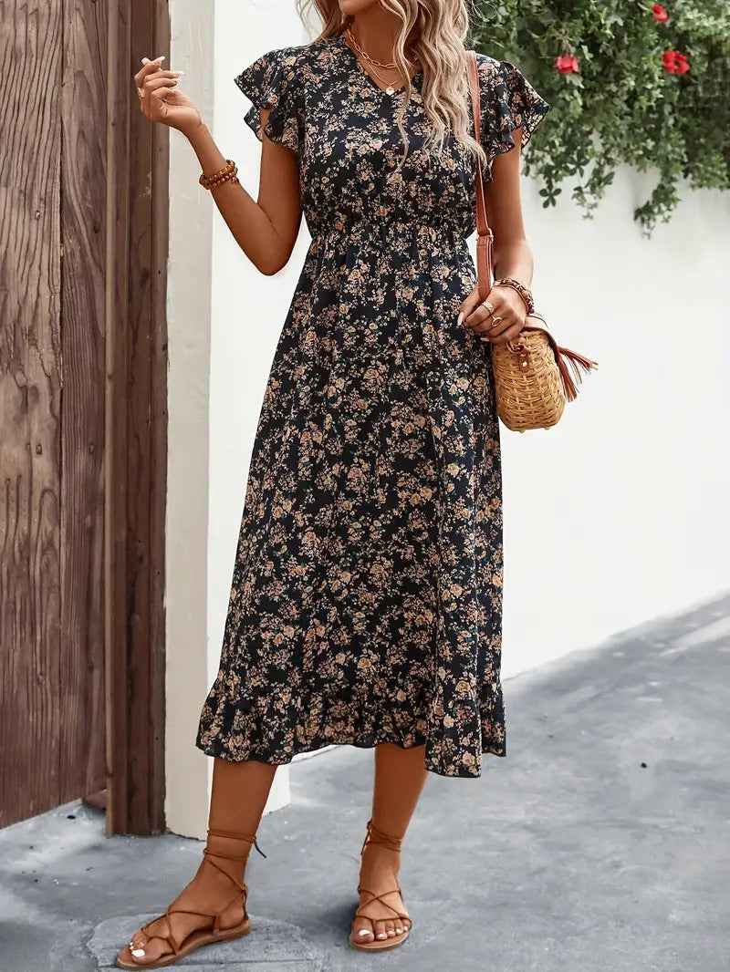 Women's V-Neck Midi Dress with Butterfly Sleeves and Ruffled Hem - Relaxed Fit