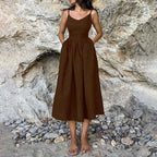 Women's A-line Midi Dress with V-neck, Open Back, Adjustable Straps, and Side Split Dark Brown