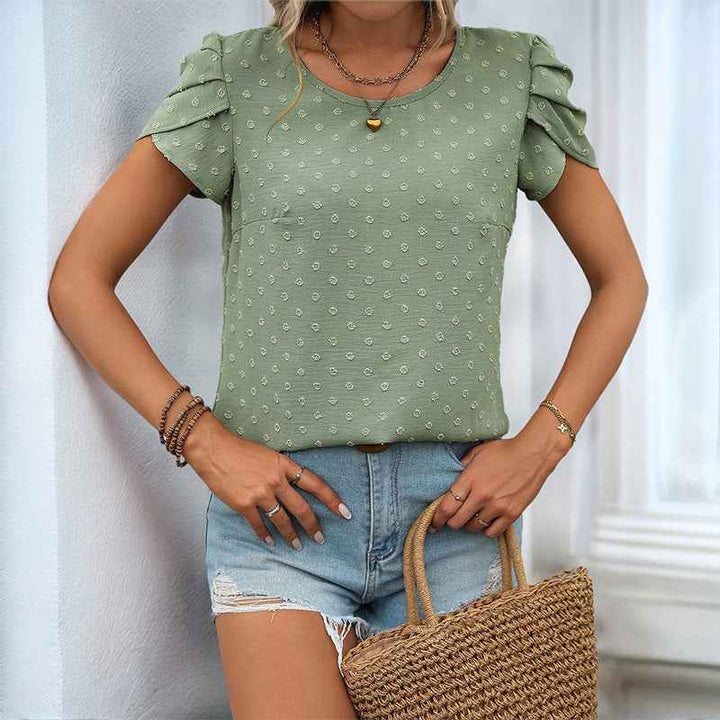Women's Relaxed Fit Blouse with Jacquard Texture and Ruched Sleeves