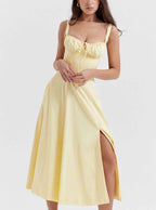 Women's A-Line Midi Dress – Sleeveless Floral Print with Bow Detail Light Yellow