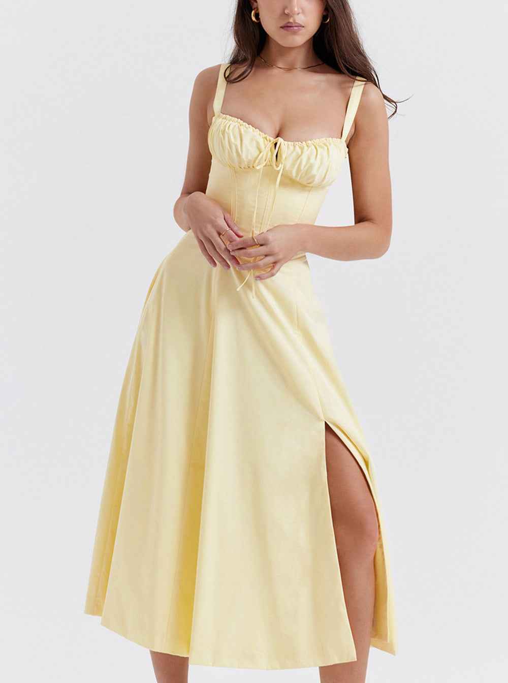 Women's A-Line Midi Dress – Sleeveless Floral Print with Bow Detail Light Yellow