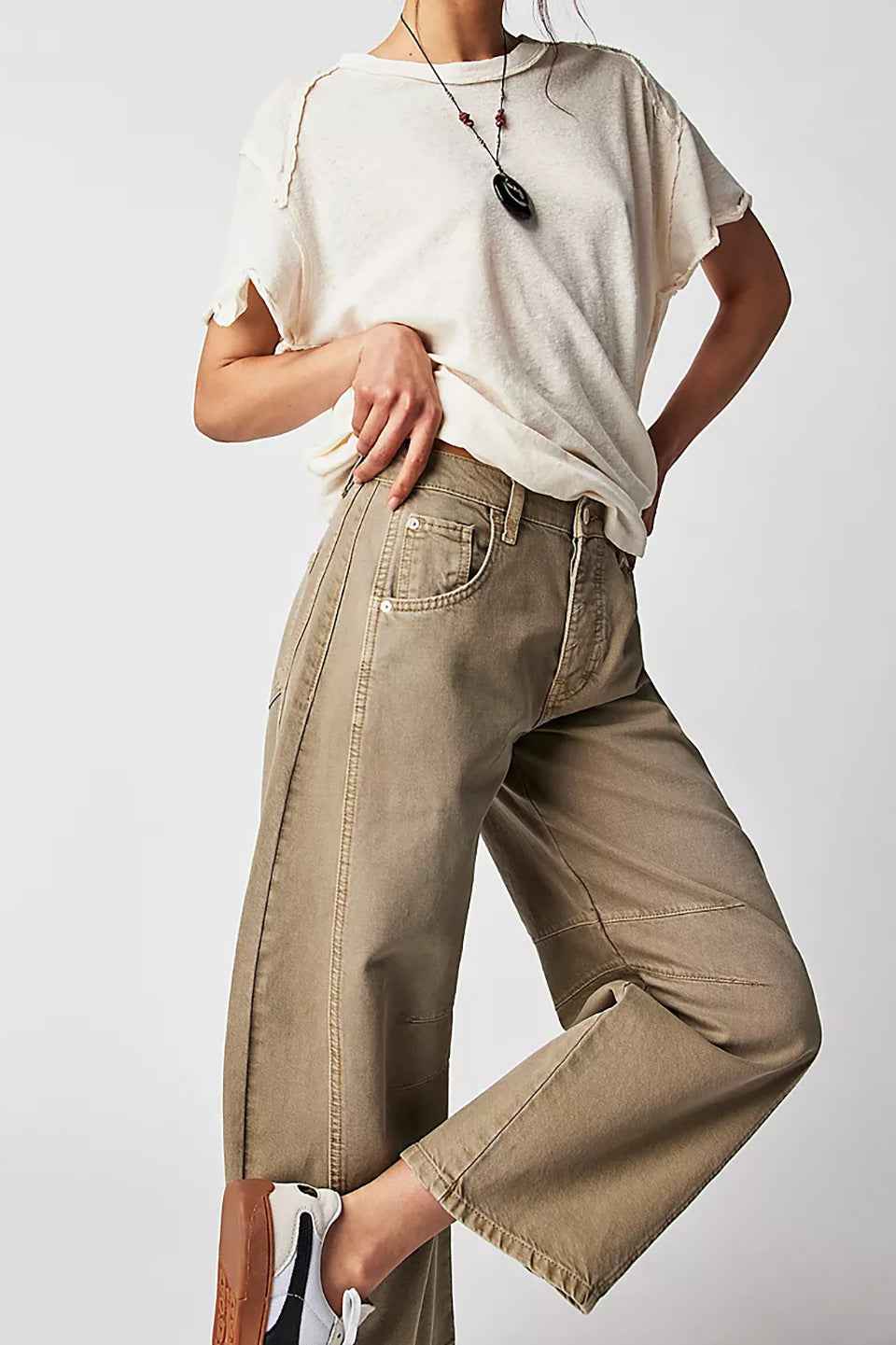 Women's Wide Leg Jeans – Loose Fit – Full Length Denim Casual Beige