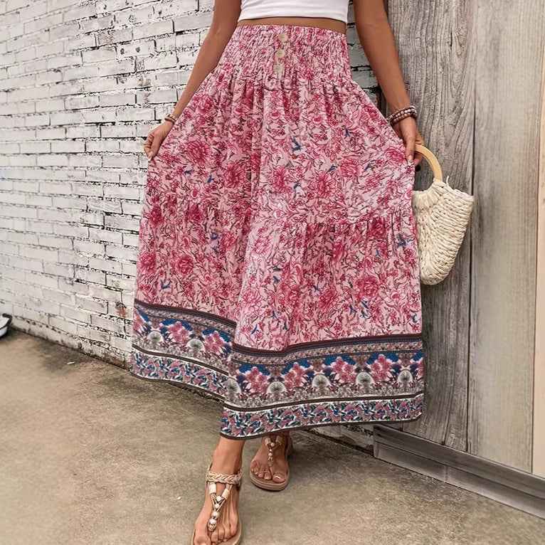 Women's Bohemian Maxi Skirt – Layered Design – Elastic Waist – Breathable Comfort Pink