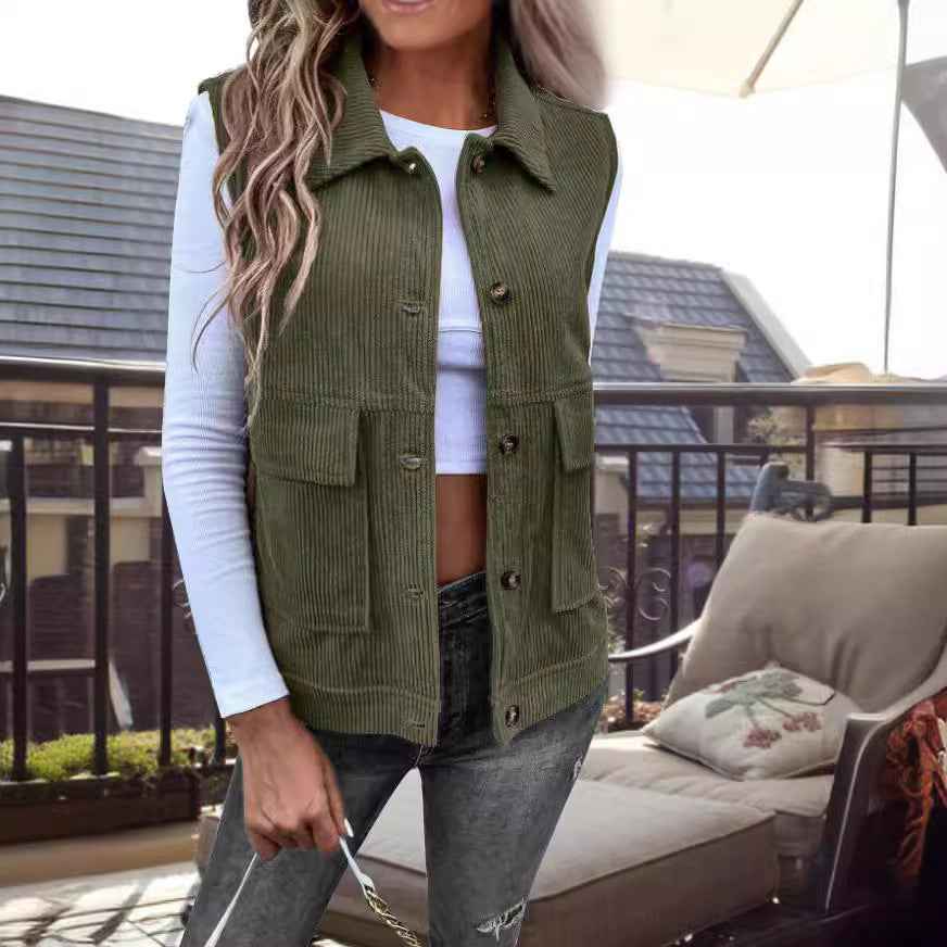 Women's Corduroy Gilet – Relaxed Fit with Button Closure & Utility Pockets Green