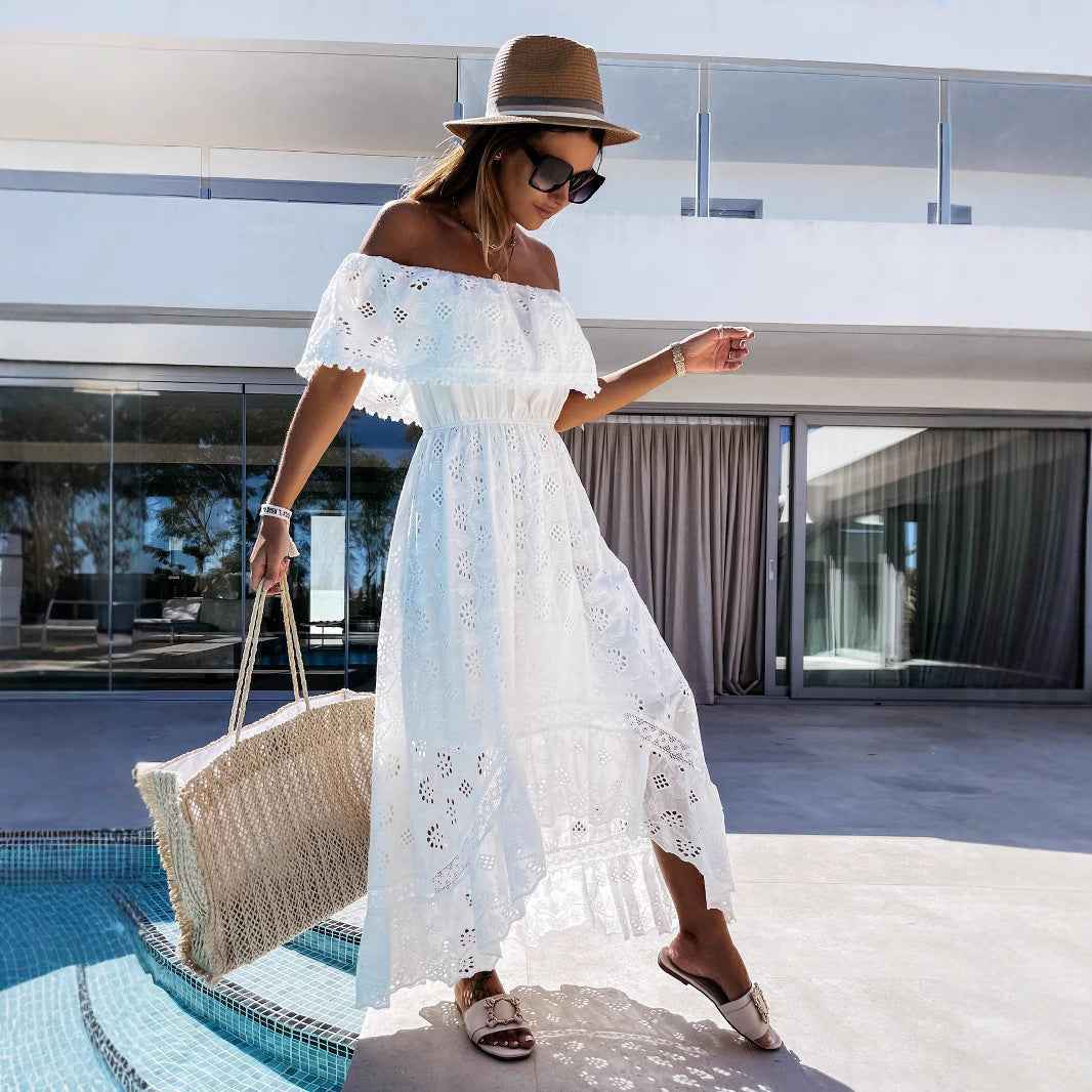 Women's Off-Shoulder Maxi Dress – Cotton Boho Style with Lace Details – Flowy Fit