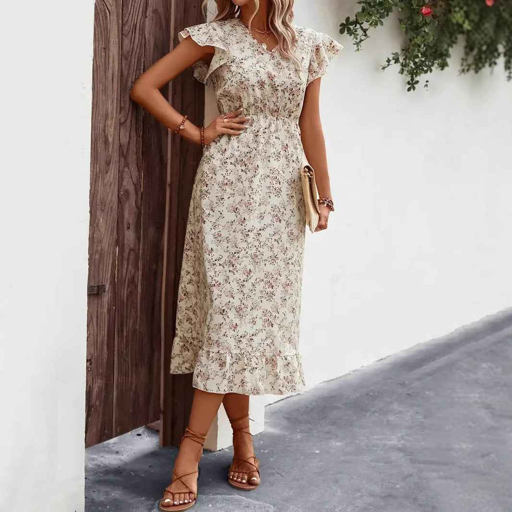 Women's V-Neck Midi Dress with Butterfly Sleeves and Ruffled Hem - Relaxed Fit