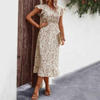 Women's V-Neck Midi Dress with Butterfly Sleeves and Ruffled Hem - Relaxed Fit