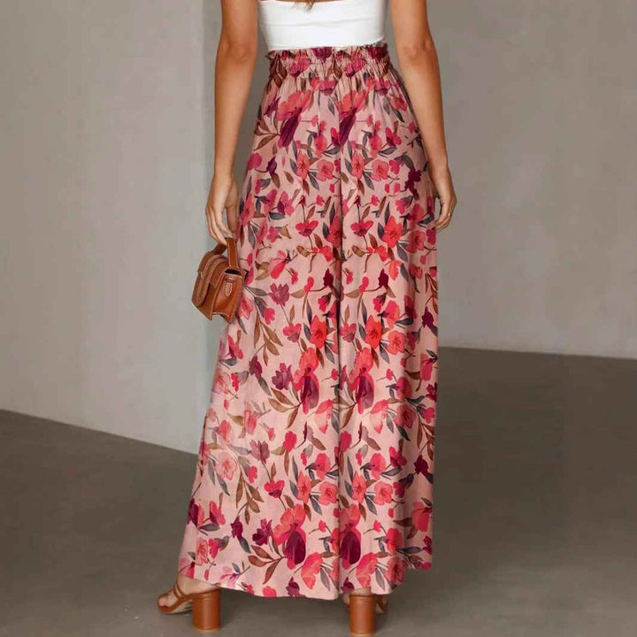 Women's Floral Print Wide Leg Chiffon Pants – High Waist with Drawstring – Full Length