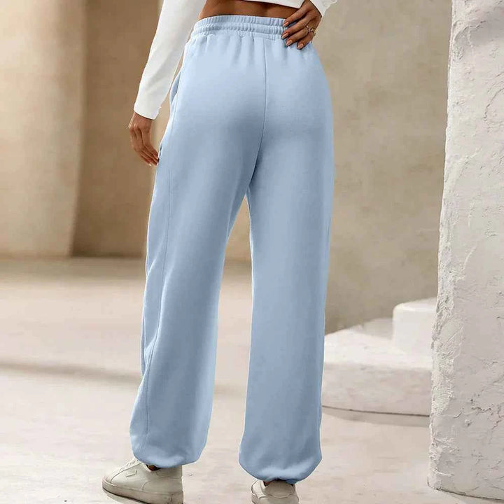 Women's High Waist Relaxed Fit Pants with Drawstring – Soft Cotton-Look – Full Length