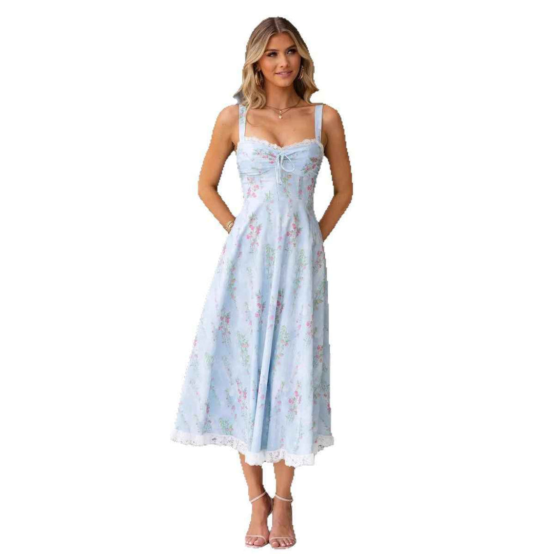Women's A-Line Midi Dress with Spaghetti Straps – Floral Cotton Design and Lace Accents