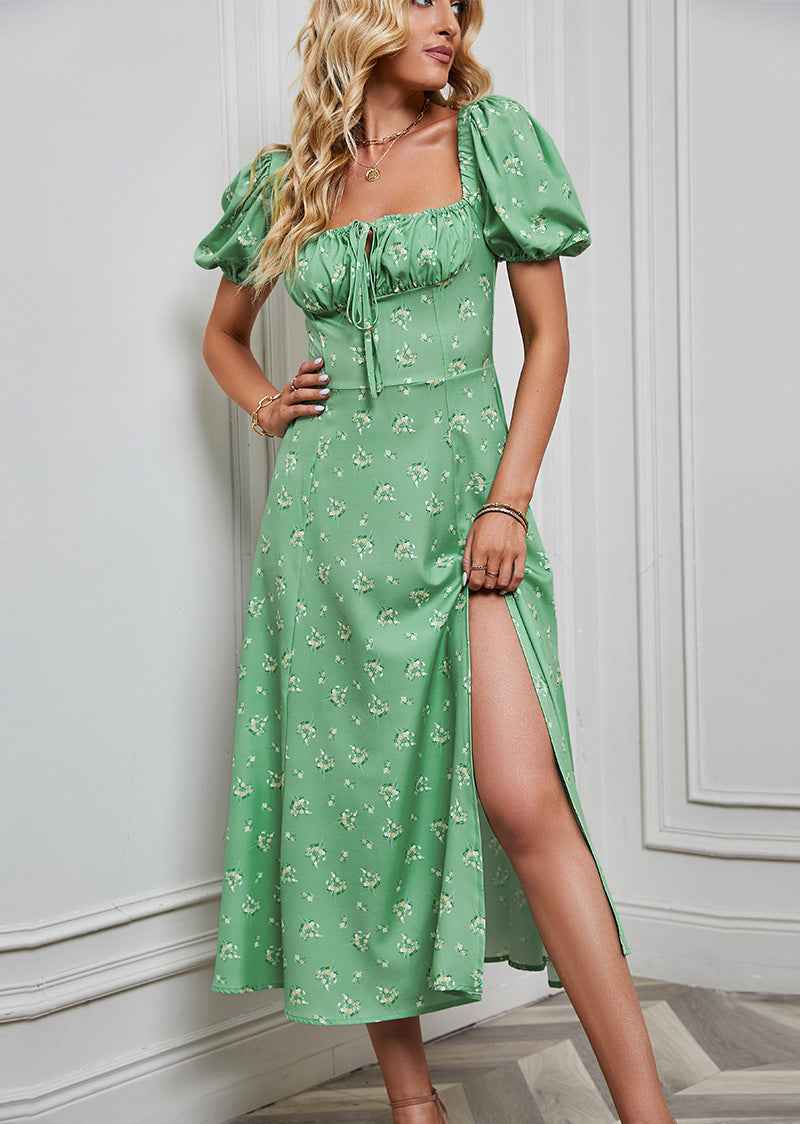 Women's A-Line Midi Dress - Floral Print, Bow Detail, Puff Sleeves, Front Split