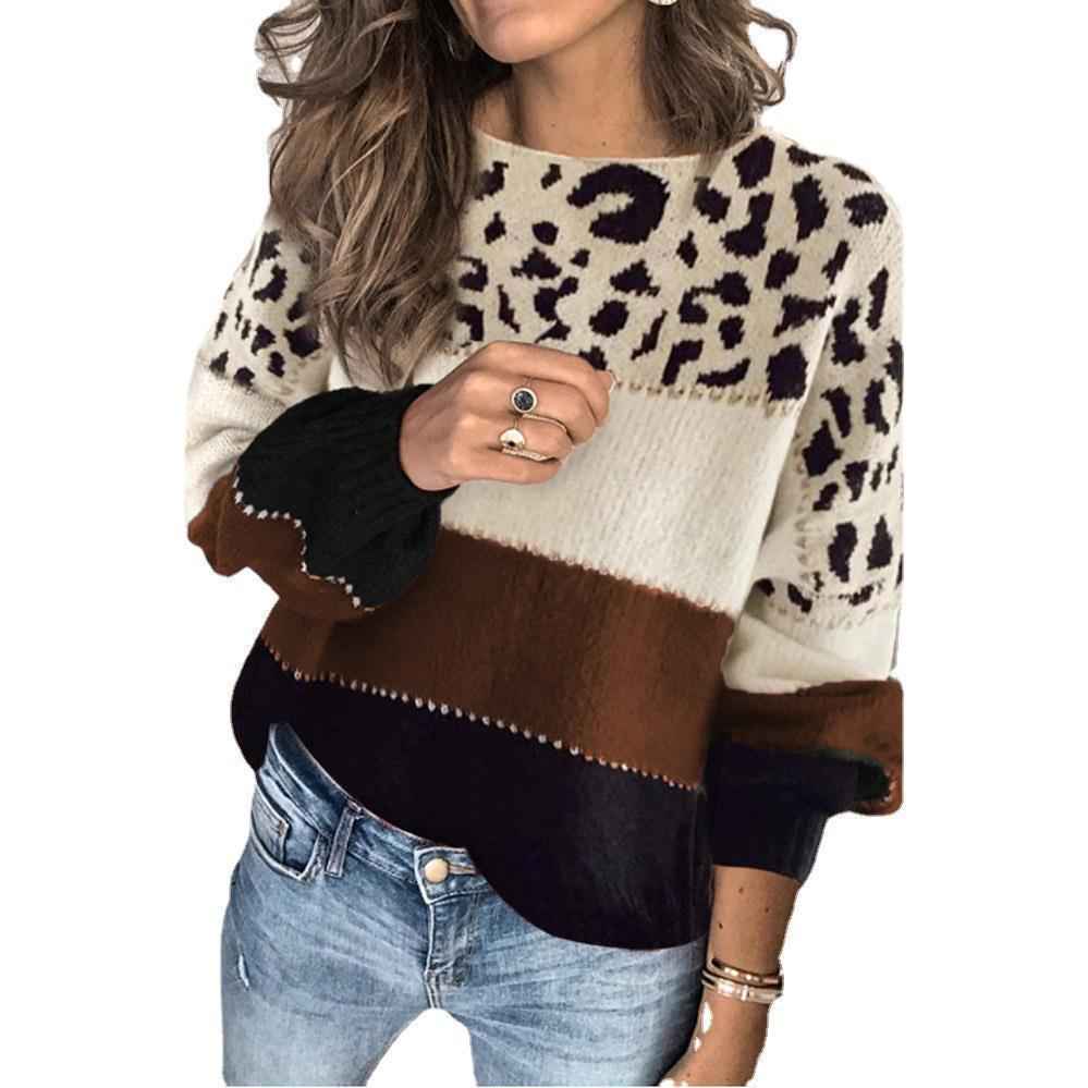 Women's Relaxed Fit Knitted Sweater – Wool Blend – Animal Print – Long Sleeves Brown