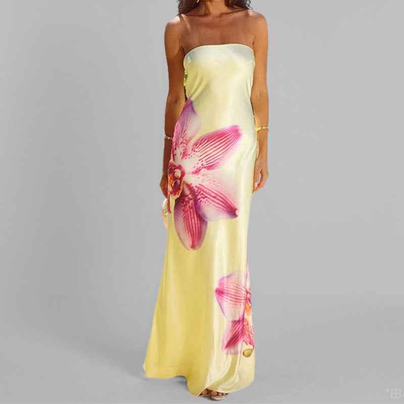 Women's Floral Print Strapless Maxi Dress – Slim Fit – Lightweight & Breathable