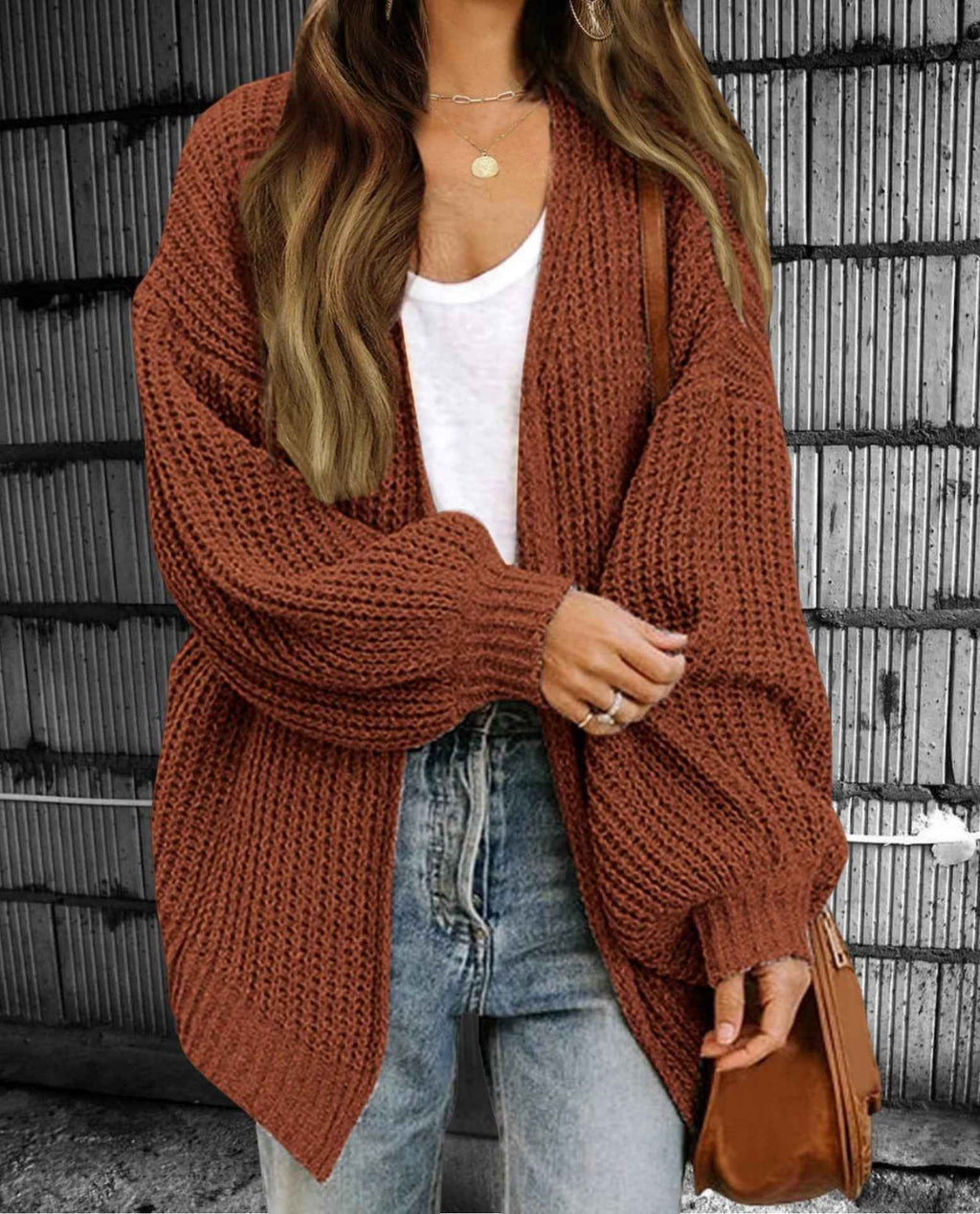 Women's Oversized Chunky Knit Cardigan – Open Front Long Layered Style Brown