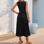Women's Sleeveless Midi Dress - Loose Fit Cotton with Embroidered Design