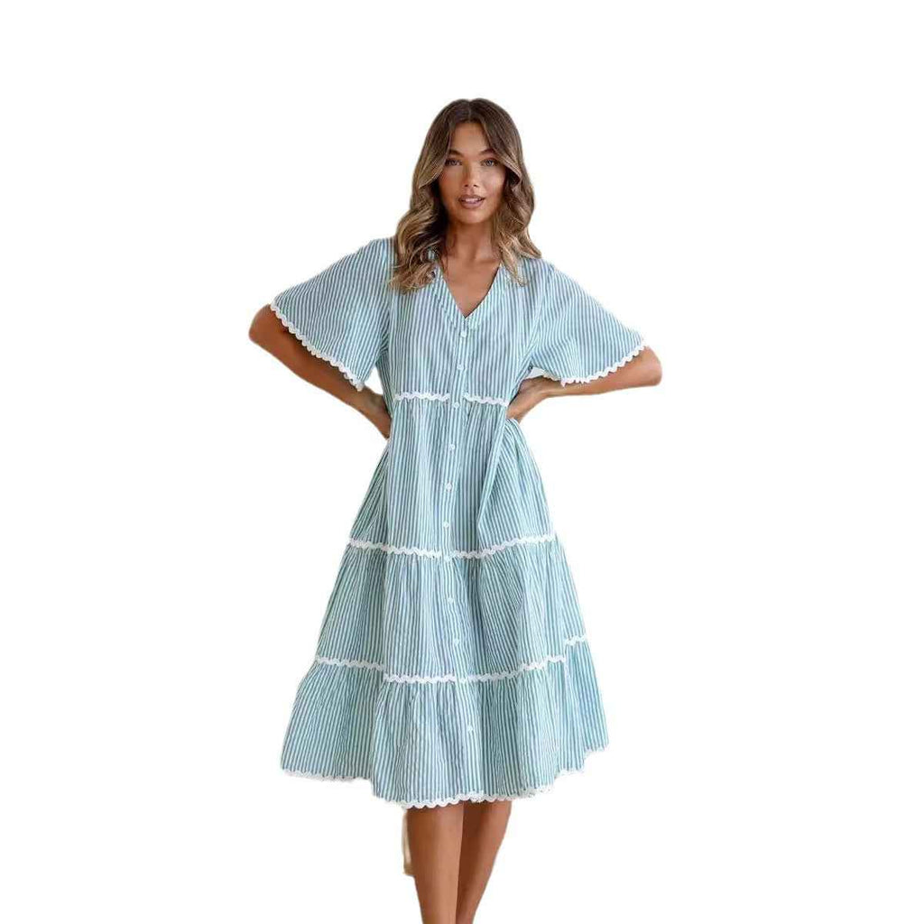 Women's V-Neck Loose Fit Cotton Dress with Button Closure and Lace Details