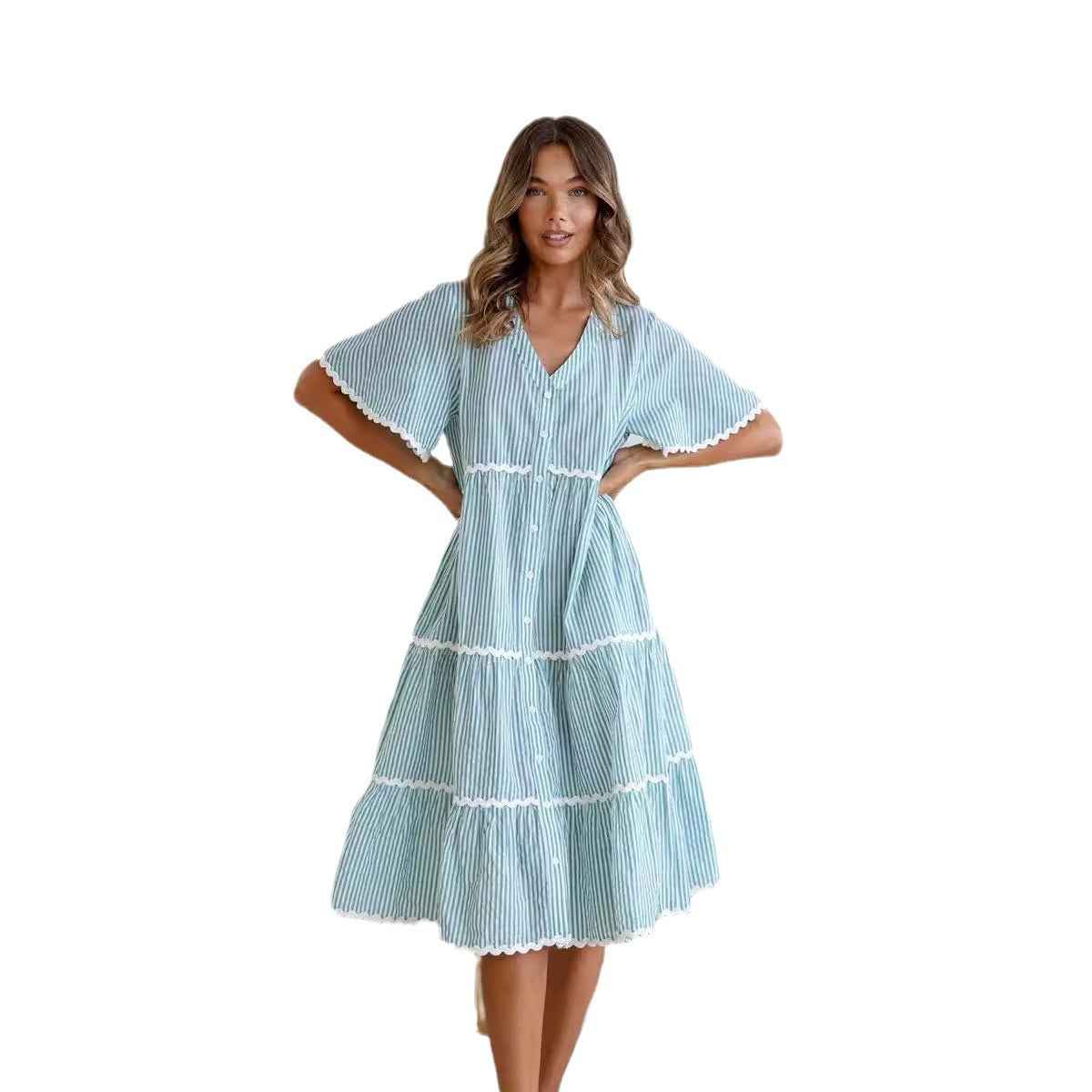 Women's V-Neck Loose Fit Cotton Dress with Button Closure and Lace Details