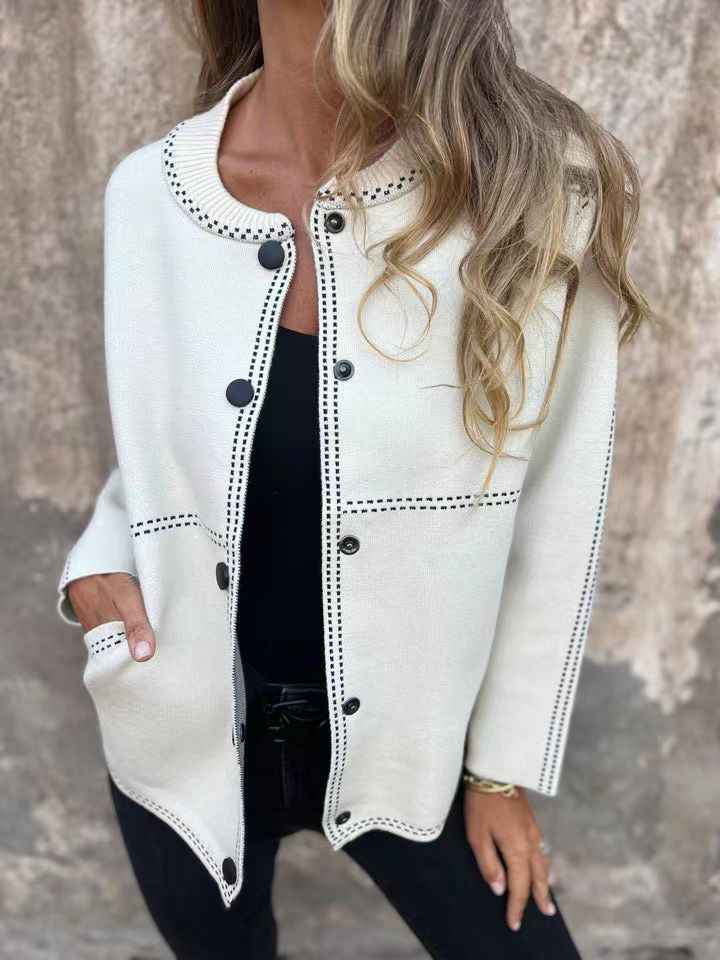 Women's Loose Fit Knitted Cardigan with Button Closure and Ribbed Details White