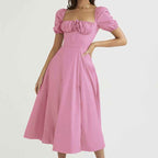 Women's A-Line Off-Shoulder Midi Dress with Puff Sleeves and Bow Detail Pink