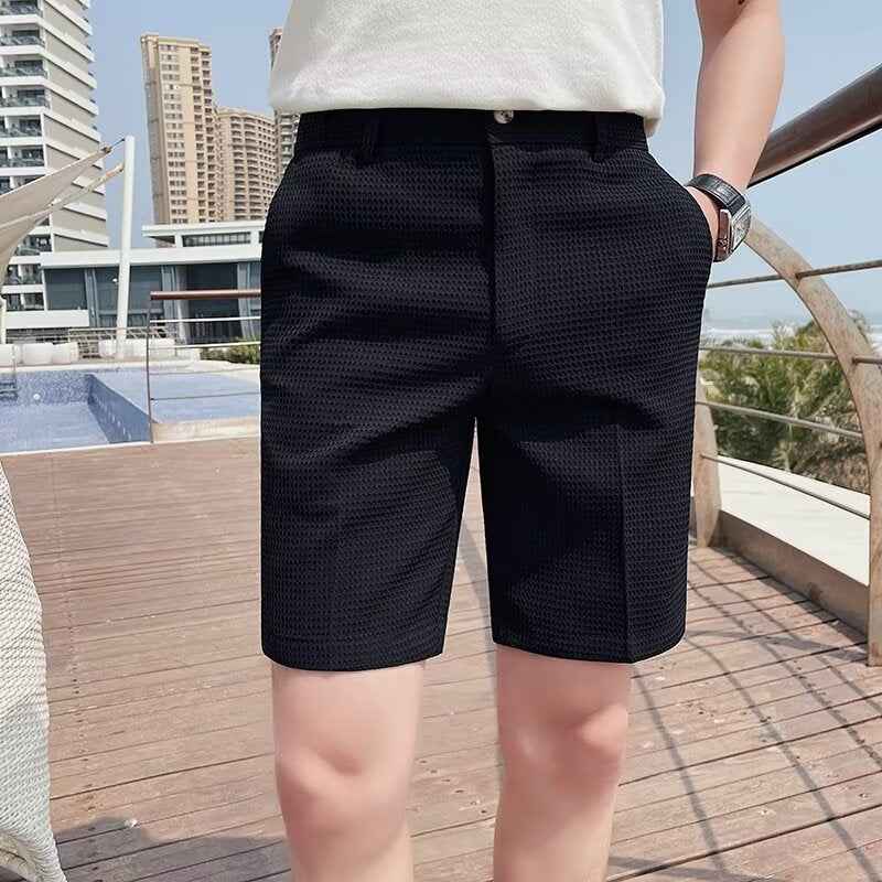 Men's Slim Fit Textured Woven Shorts with Button Closure and Pockets - Knee Length Black