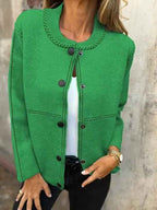 Women's Loose Fit Knitted Cardigan with Button Closure and Ribbed Details Green