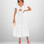 Women's A-Line Midi Dress with Smocked Waist, Puff Sleeves, and V-Neck – Cotton Blend White