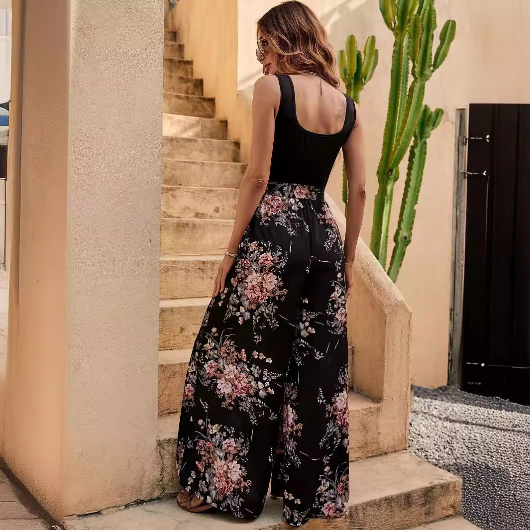 Women's Floral Print Sleeveless Jumpsuit – Relaxed Fit with Waistband – Full Length
