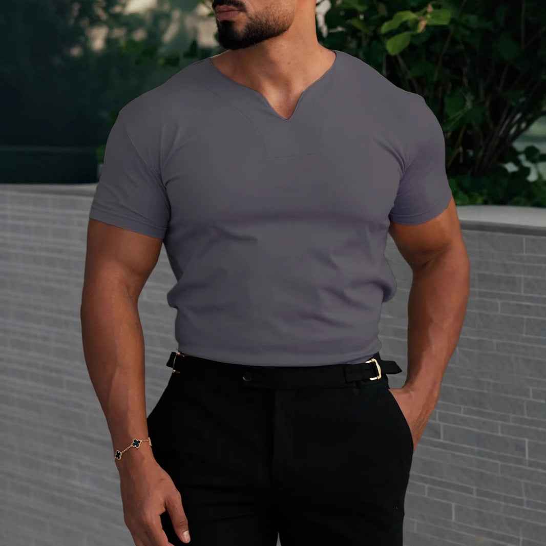 Men's V-Neck Slim Fit T-Shirt – Breathable Stretch Fabric – Short Sleeves Dark Grey