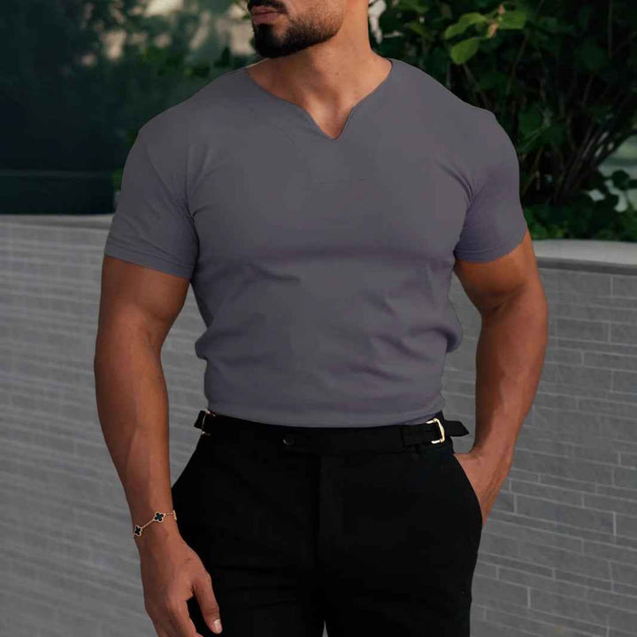 Men's V-Neck Slim Fit T-Shirt – Breathable Stretch Fabric – Short Sleeves Dark Grey