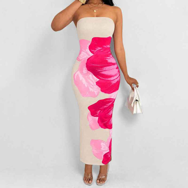 Women's Floral Print Maxi Dress – Slim Fit – Soft Strapless Design Pink